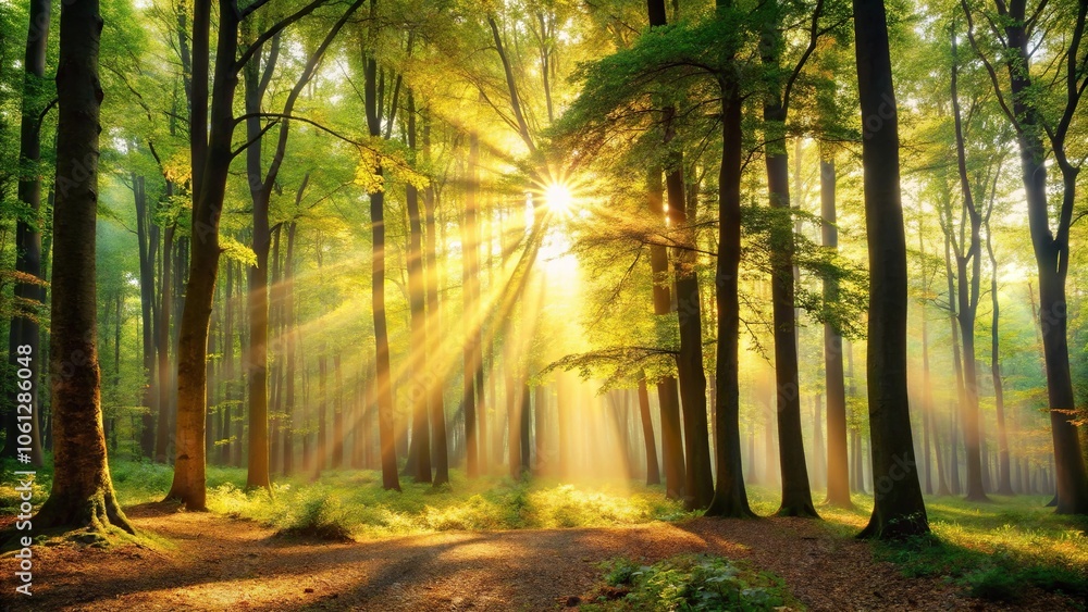 Obraz premium Soaring trees with golden light filtering through leaves in a forest clearing, trees, organic, woodland
