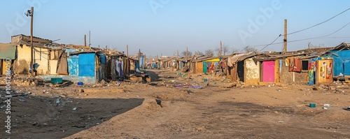 A view of a makeshift settlement with colorful shanties and a dusty path. photo