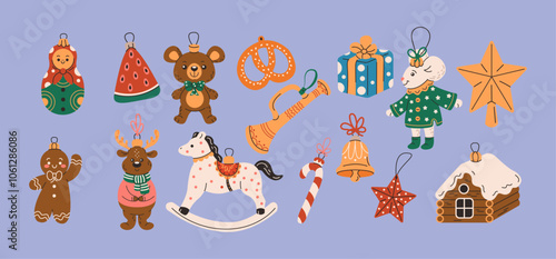 Christmas trees ornaments flat color vector objects set. Cute winter holiday decorative baubles illustrations bundle on purple background