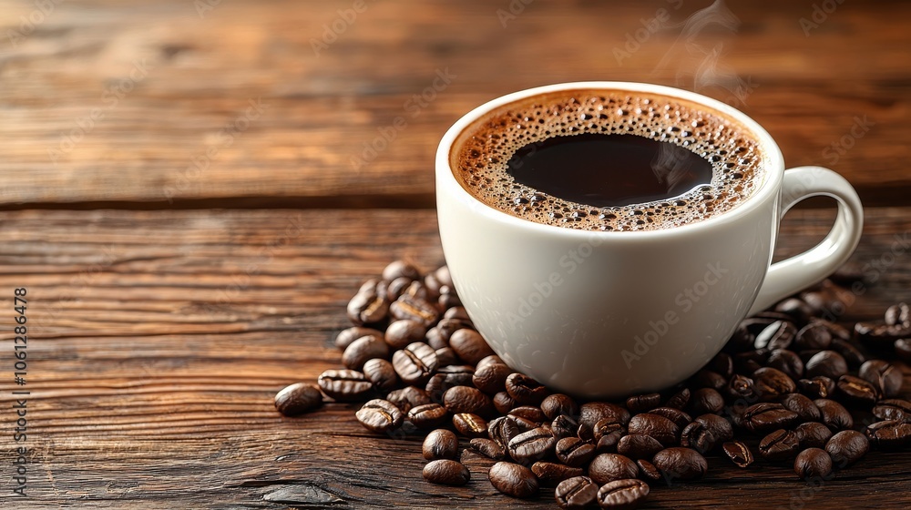 Freshly Brewed Coffee with Coffee Beans Surrounding It Freshly Brewed Coffee with Coffee Beans Surrounding It
