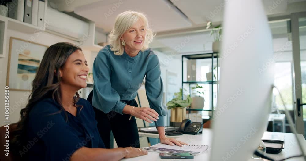 High five, computer and business woman with boss for planning, feedback and celebrate success. Corporate, teamwork and happy manager and worker for online research, website review and collaboration High five, computer and business woman with boss for planning, feedback and celebrate success. Corporate, teamwork and happy manager and worker for online research, website review and collaboration