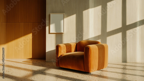 modern orange chair minimalist interior design living room sunlight