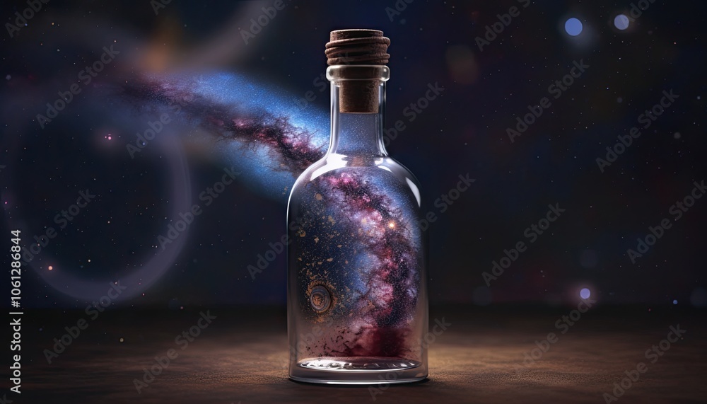 Enchanted glass bottle capturing cosmic wonders, magical floating galaxy in contained space, mystical universe trapped in crystal vessel. Enchanted glass bottle capturing cosmic wonders, magical floating galaxy in contained space, mystical universe trapped in crystal vessel.