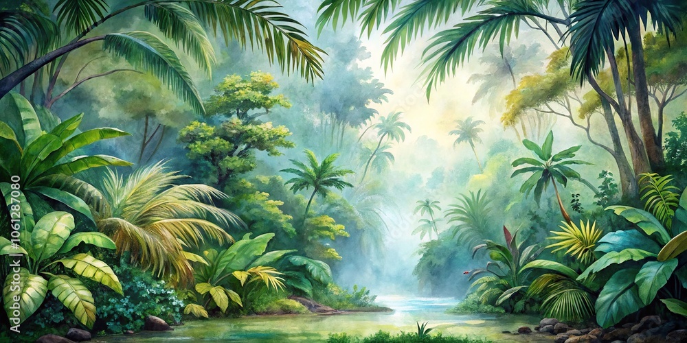 tropical jungle watercolor background with low angle view tropical jungle watercolor background with low angle view