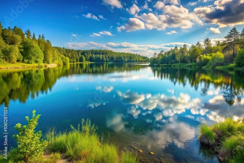 Tranquil lake surrounded by nature, perfect for resting