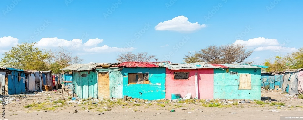A colorful yet dilapidated settlement with makeshift houses under a clear blue sky. A colorful yet dilapidated settlement with makeshift houses under a clear blue sky.