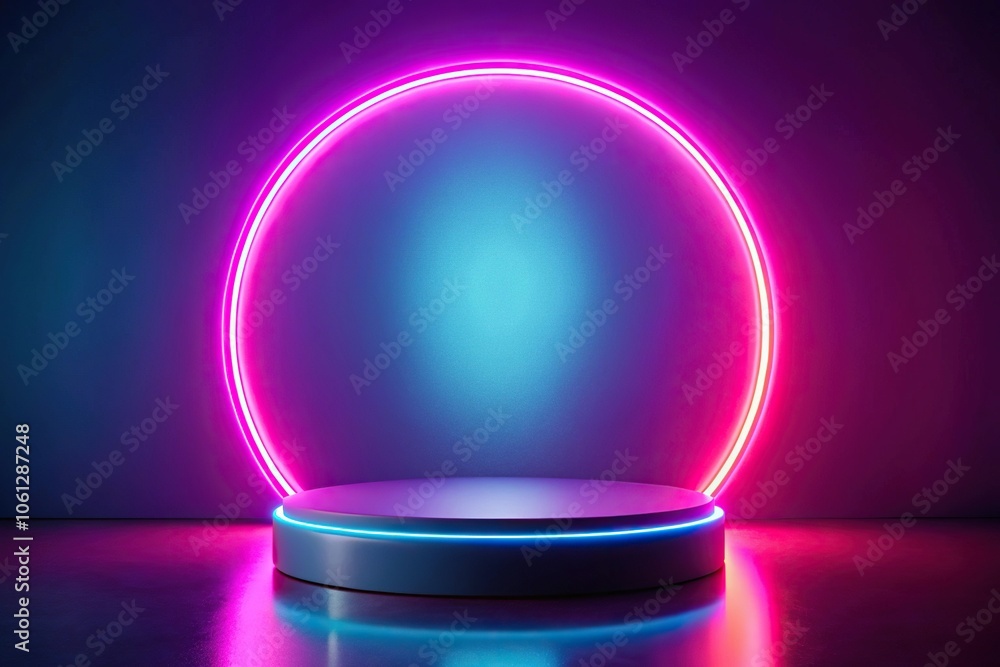 vibrant neon ring light podium with abstract background vibrant neon ring light podium with abstract background