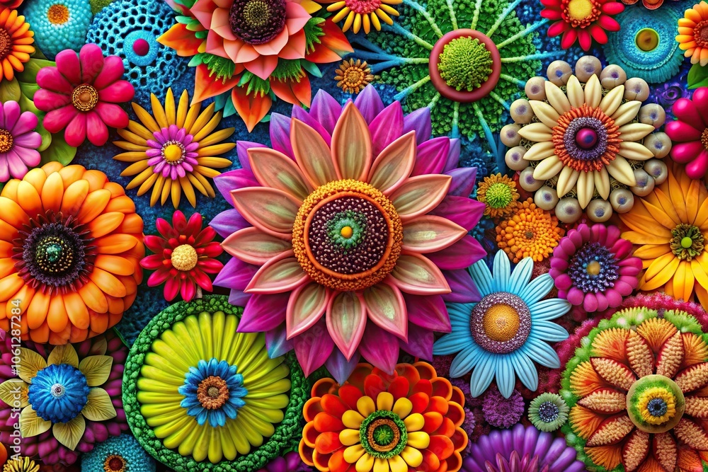 Vibrant colorful blooms on a tall stem with intricate patterns and shapes, color changing flowers, fast flower growth, fast flower development Vibrant colorful blooms on a tall stem with intricate patterns and shapes, color changing flowers, fast flower growth, fast flower development