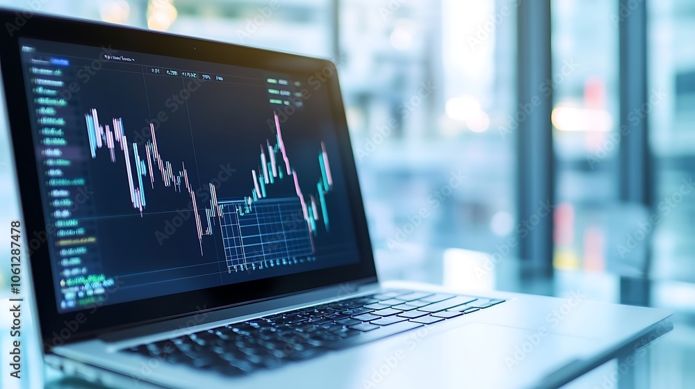 Close up of a laptop on a desk with financial charts and graphs displayed on the screen Close up of a laptop on a desk with financial charts and graphs displayed on the screen