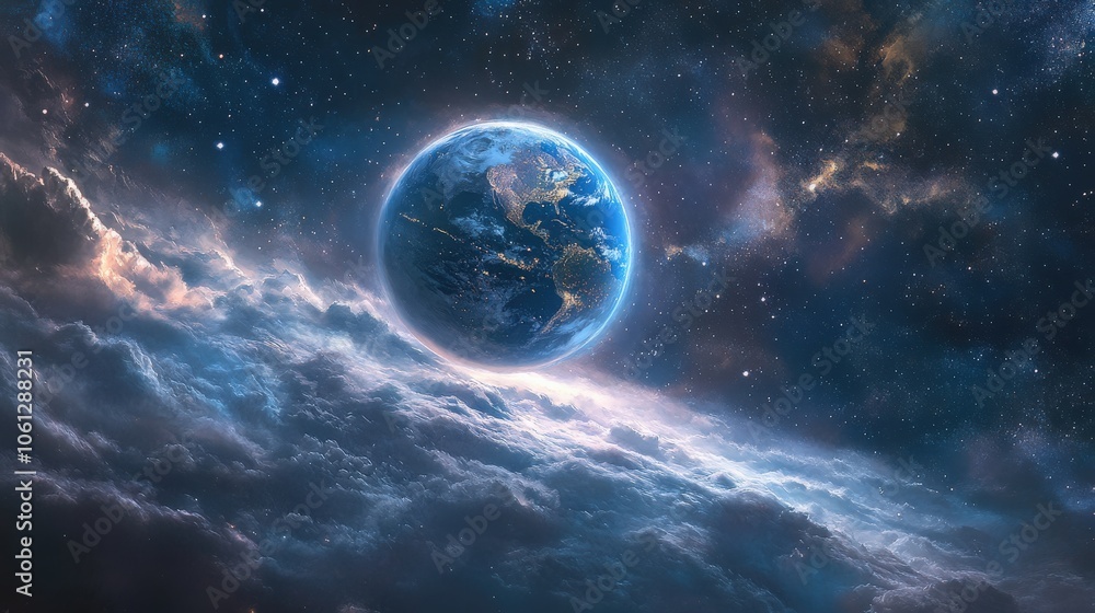 A high-definition cinematic shot of Earth, with wispy clouds encircling the globe, as the planet drifts through the quiet expanse of space, surrounded by distant stars A high-definition cinematic shot of Earth, with wispy clouds encircling the globe, as the planet drifts through the quiet expanse of space, surrounded by distant stars