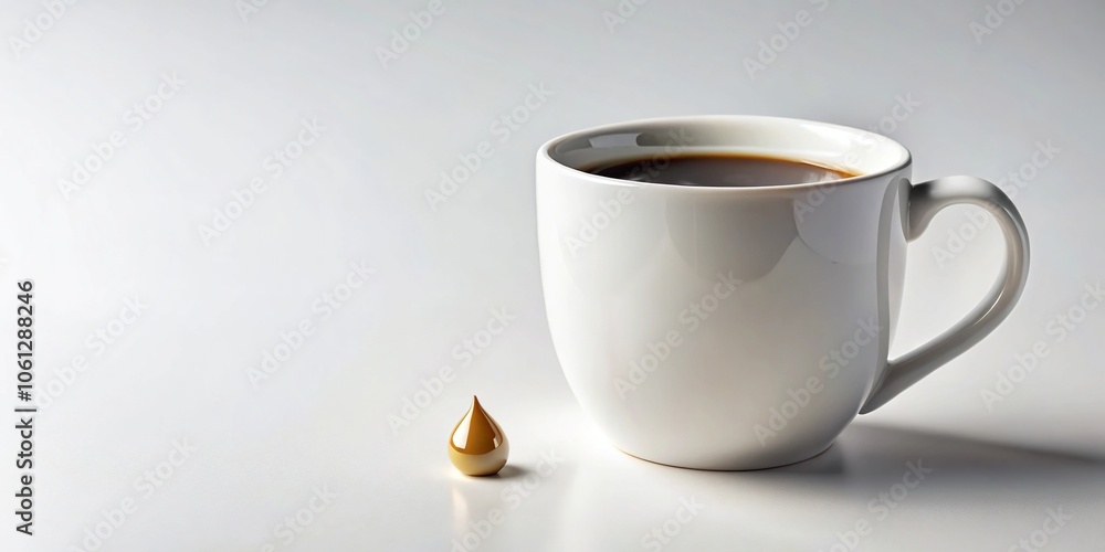 White ceramic coffee mug with a single coffee drop design on the side, table setting, home decor White ceramic coffee mug with a single coffee drop design on the side, table setting, home decor