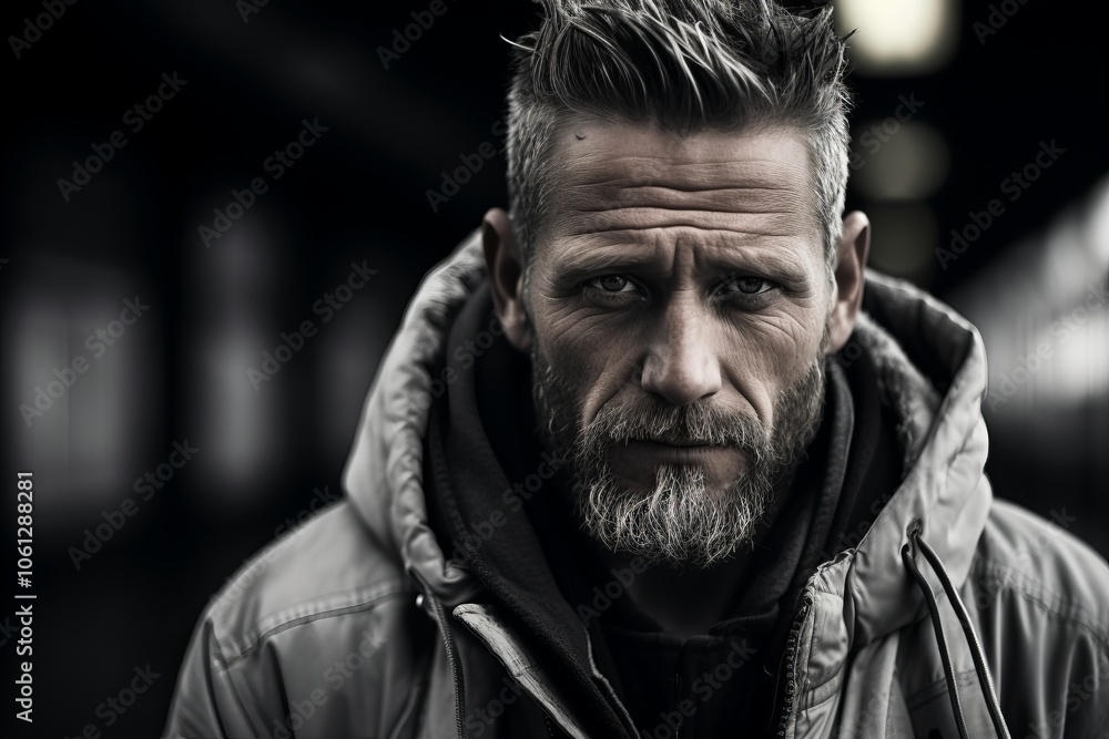 Portrait of a bearded man in the city. Black and white. Portrait of a bearded man in the city. Black and white.