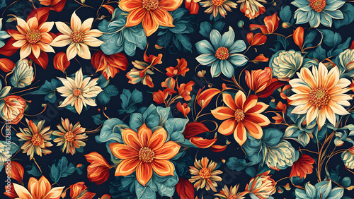 Wallpaper Mural A colorful floral pattern with orange and blue flowers Torontodigital.ca