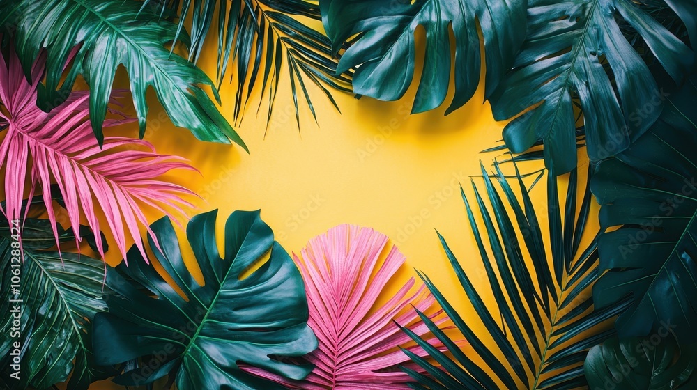 Naklejka premium Vibrant Tropical Leaves on Bright Background