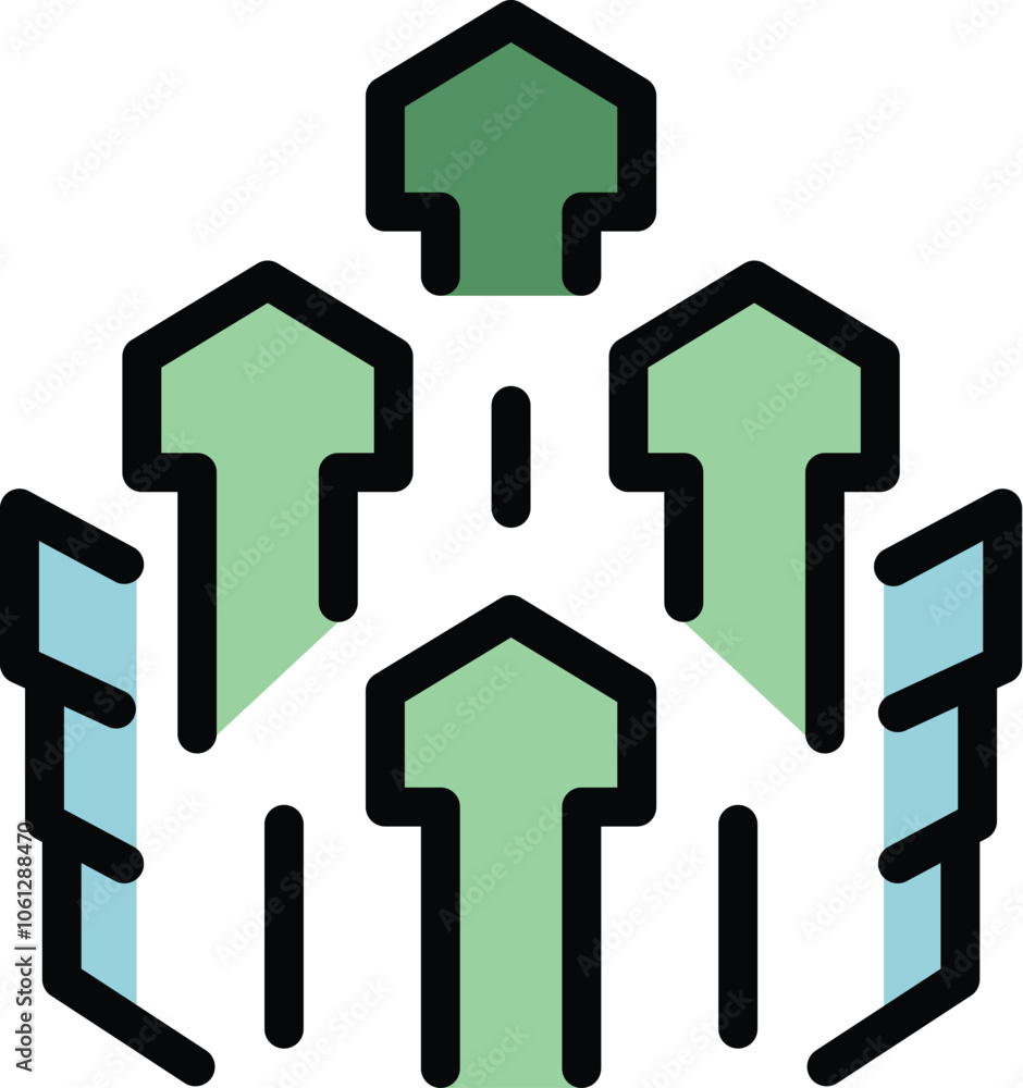 Green arrows are pointing up, surrounded by blue building walls, in this icon about real estate investment and property value growth Green arrows are pointing up, surrounded by blue building walls, in this icon about real estate investment and property value growth