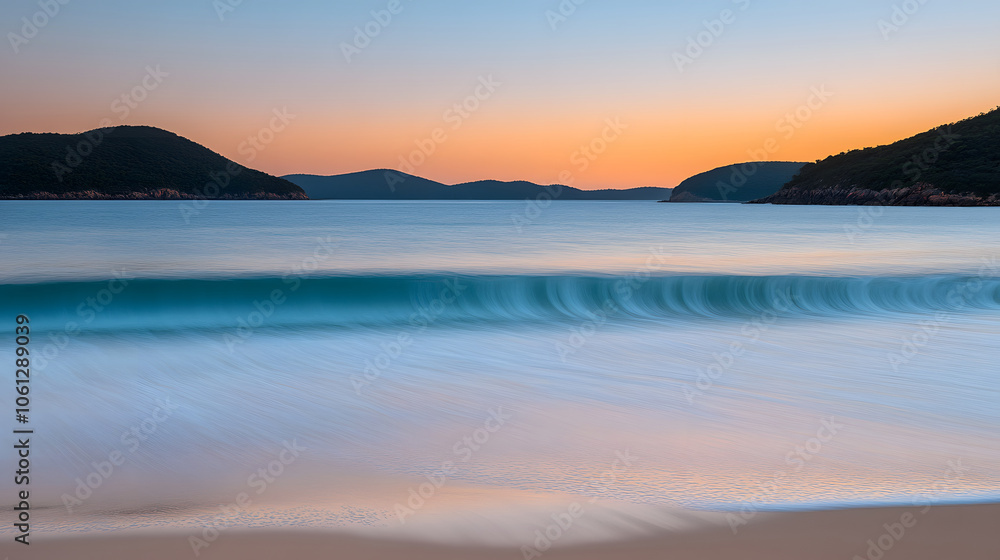 A tranquil seaside view at sunset, showcasing gentle waves and distant hills, creating a serene atmosphere. A tranquil seaside view at sunset, showcasing gentle waves and distant hills, creating a serene atmosphere.