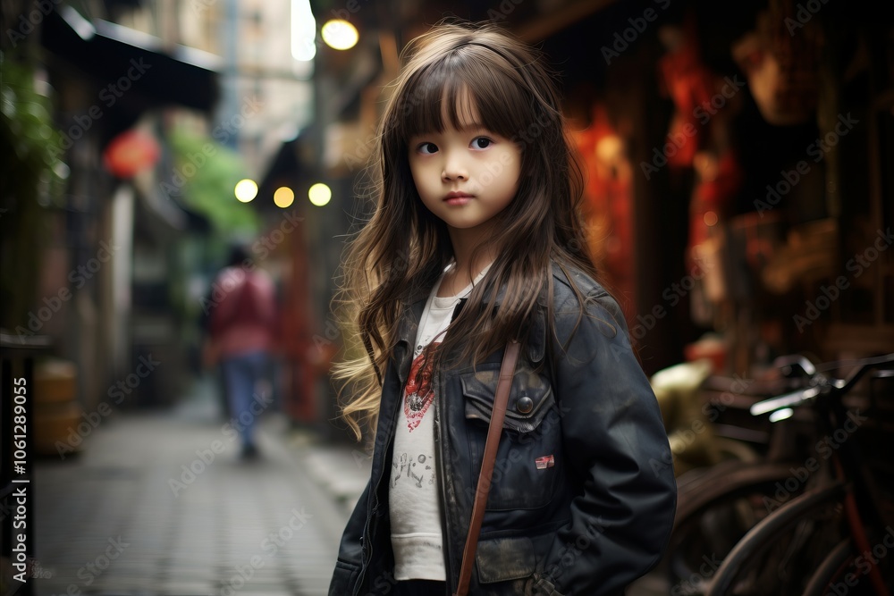 Beautiful asian little girl in the street of Shanghai, China Beautiful asian little girl in the street of Shanghai, China