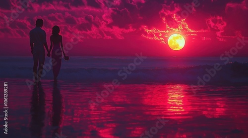 A couple stands hand in hand on a beach at sunset, surrounded by vibrant hues of pink and orange reflected on the water. photo