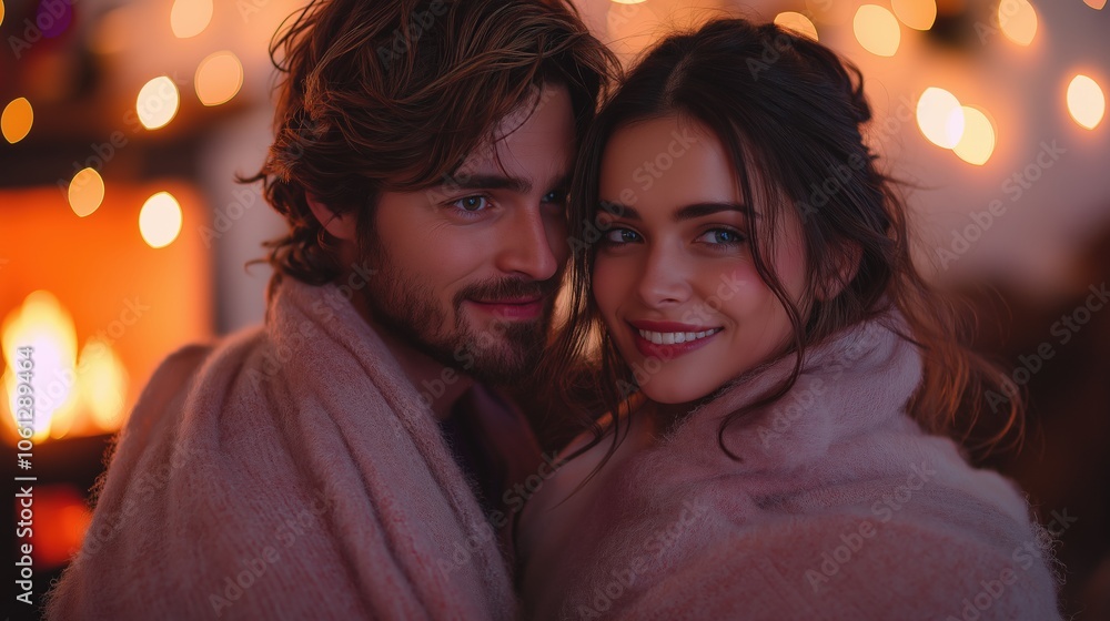 A cozy couple embraces warmly in front of a softly lit backdrop, exuding love and intimacy amidst a festive ambiance. A cozy couple embraces warmly in front of a softly lit backdrop, exuding love and intimacy amidst a festive ambiance.