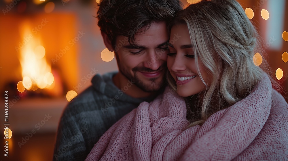 A cozy couple snuggles under a blanket by a warm fireplace, surrounded by twinkling lights, capturing a moment of love and warmth. A cozy couple snuggles under a blanket by a warm fireplace, surrounded by twinkling lights, capturing a moment of love and warmth.