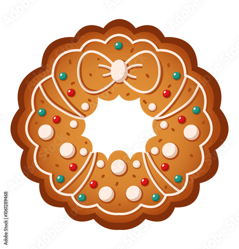 Christmas wreath shaped gingerbread cookie flat color vector object. Delicious snack for holiday atmosphere illustration on white background