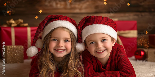 A boy and girl in Christmas hats are smiling at the camera, wearing red sweaters, with gifts behind them, generative AI