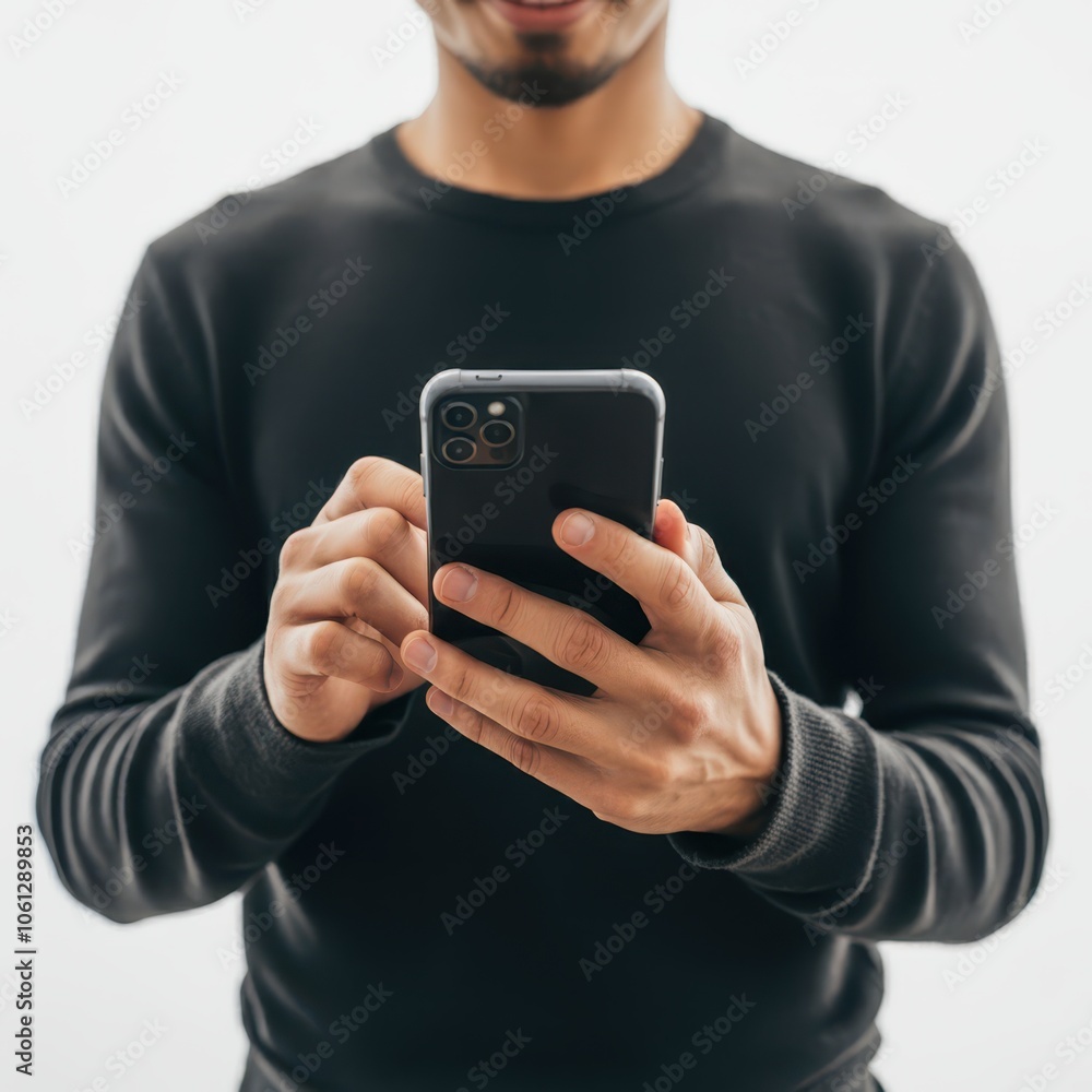 Front view of hands using smartphone with white background Front view of hands using smartphone with white background