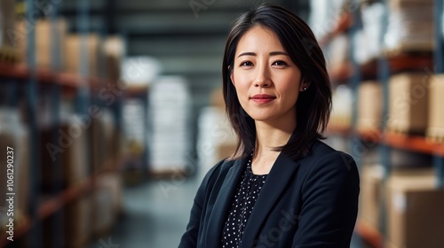 Confident Businesswoman in Warehouse Setting, Showcasing Leadership and Professionalism