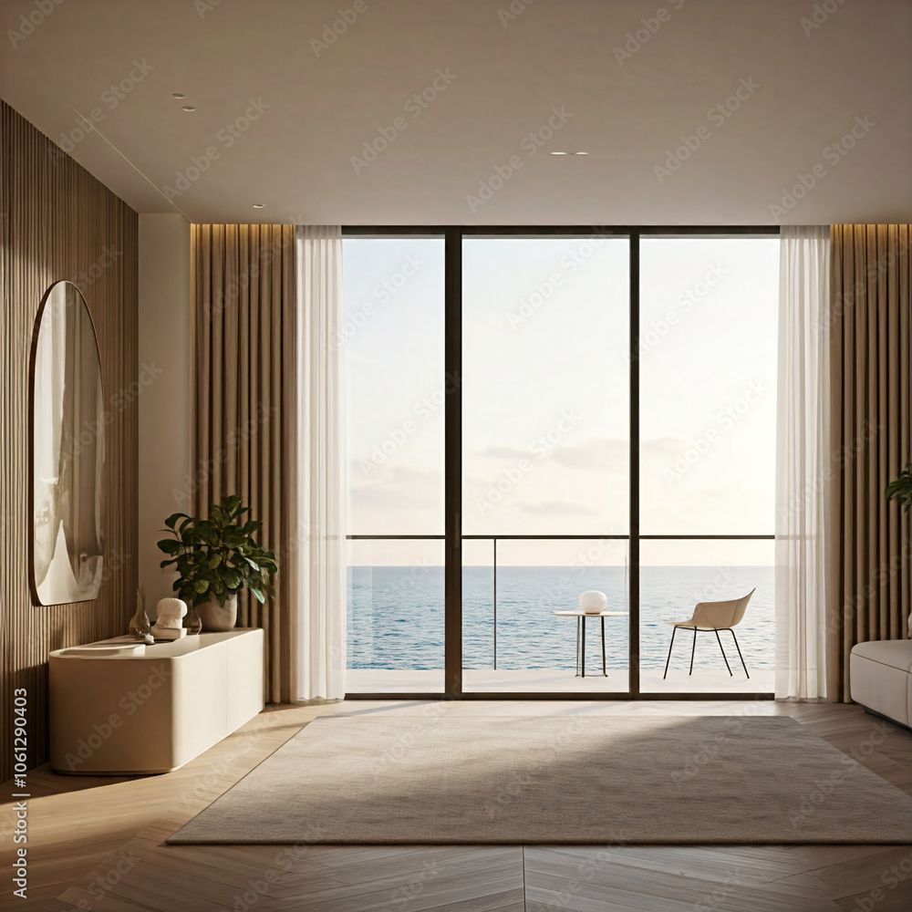 Minimalist Living Room Interior Design with Ocean View and Modern Furniture Minimalist Living Room Interior Design with Ocean View and Modern Furniture