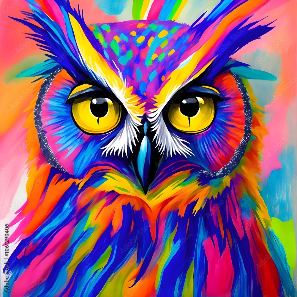 A vividly colored owl showcases a blend of bright hues and striking patterns, with luminous yellow eyes creating a focal point. The use of vibrant colors brings a sense of energy and whimsy A vividly colored owl showcases a blend of bright hues and striking patterns, with luminous yellow eyes creating a focal point. The use of vibrant colors brings a sense of energy and whimsy
