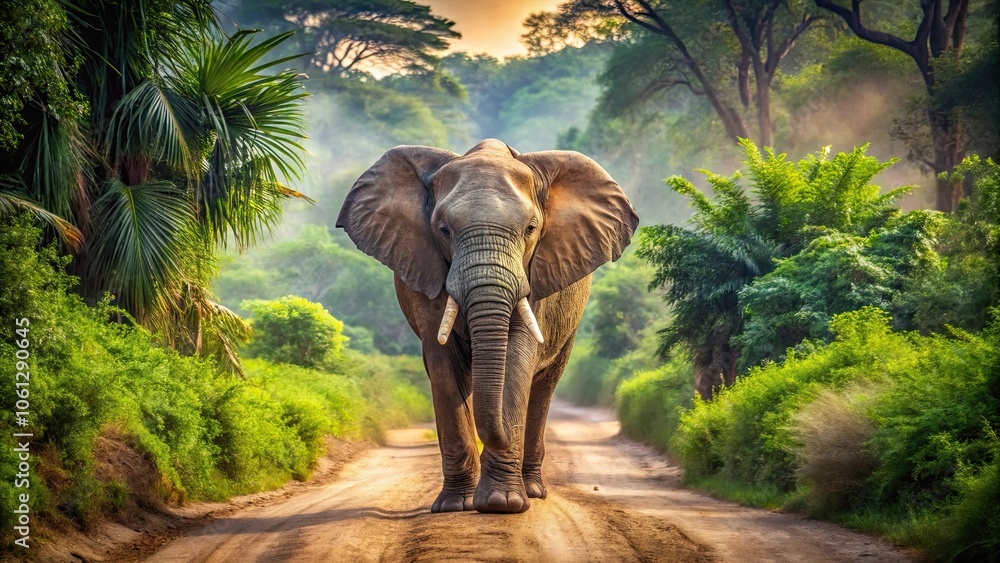 Fototapeta premium Majestic elephant walking on sandy path surrounded by lush greenery, elephant, majestic, sandy path, lush greenery