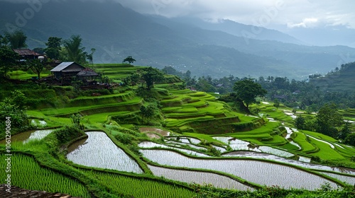 18.A sweeping view of rain-soaked rice fields at Pa Bong Piang, the lush terraces gleaming under overcast skies, with gentle rains feeding the vibrant landscape. photo