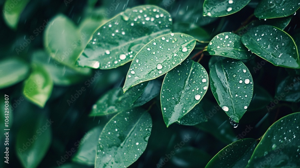 Fototapeta premium 20.Droplets of rain cascading off vibrant green leaves on a gloomy day, with a gray sky in the background, evoking the peaceful calm of a rainy season that cleanses the air.