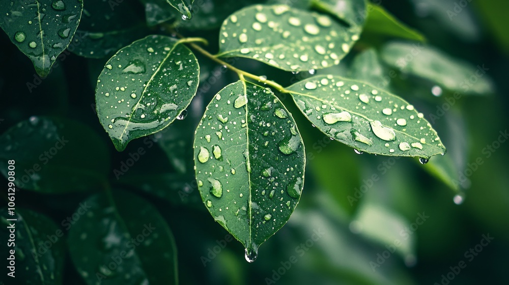Fototapeta premium 20.Droplets of rain cascading off vibrant green leaves on a gloomy day, with a gray sky in the background, evoking the peaceful calm of a rainy season that cleanses the air.