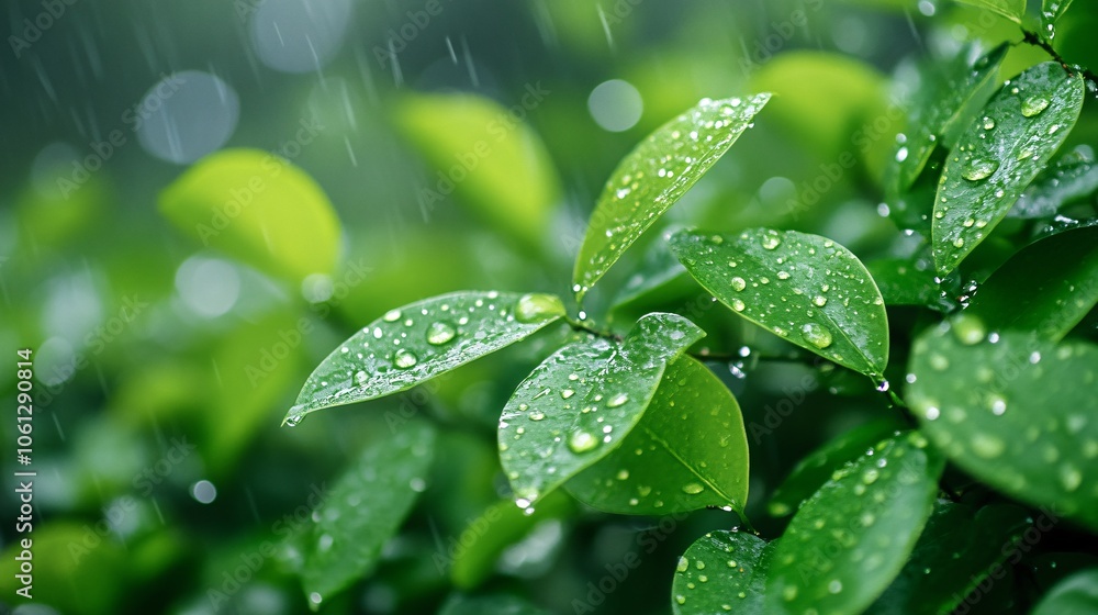 20.Droplets of rain cascading off vibrant green leaves on a gloomy day, with a gray sky in the background, evoking the peaceful calm of a rainy season that cleanses the air. 20.Droplets of rain cascading off vibrant green leaves on a gloomy day, with a gray sky in the background, evoking the peaceful calm of a rainy season that cleanses the air.