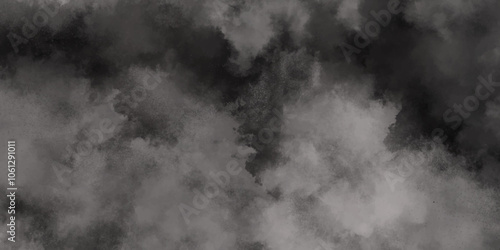 White Black empty space dust cloud explosion. Gray smoke or fog color isolated on transparent dark cloudscape atmosphere background. Black and grey watercolor grunge texture.	
