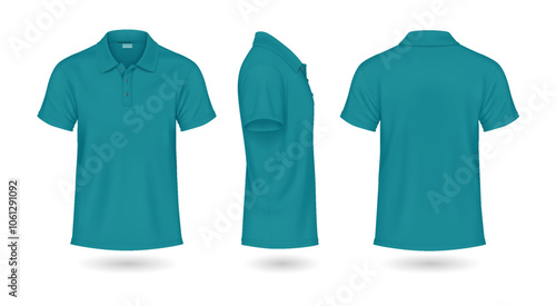 Turquoise polo t-shirts mockup realistic vector illustrations set. Modern shirts for summer season template 3d model on white background