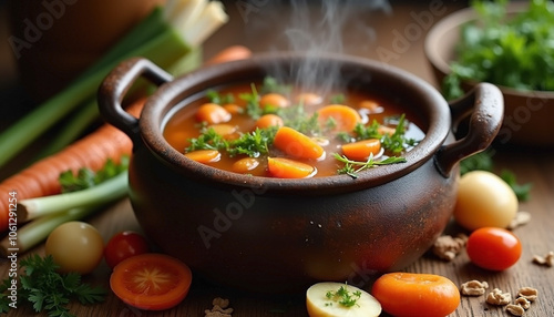 Traditional Escalade soup pot background, a rustic cauldron with vegetable soup ingredients like carrots, leeks, and potatoes, representing the legendary soup that saved Geneva