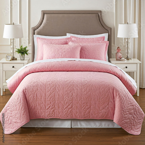 Pink and White Bedroom Interior with Upholstered Headboard