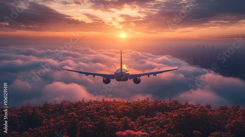 airplane soaring above clouds during sunset, representing freedom and long-distance travel photo