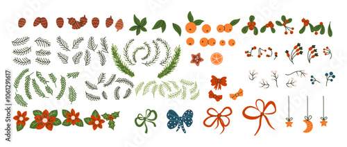 Christmas wreath natural elements flat color vector objects set. New year holiday decorations craft illustrations bundle on white background