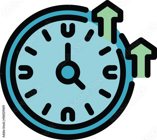 This vector illustration shows a clock with two green up arrows, symbolizing the concept of time optimization