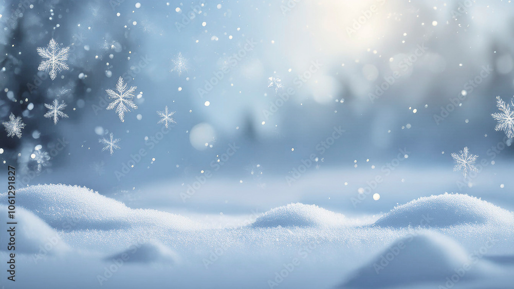 Winter landscape with falling snowflakes and snow drifts. Christmas background with copy space Winter landscape with falling snowflakes and snow drifts. Christmas background with copy space
