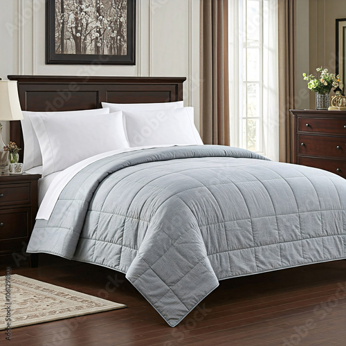 Gray and White Comforter on a Bed in a Modern Bedroom