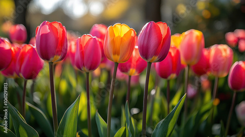 blooming tulip fields with vibrant colors stretching across the horizon, serene and picturesque photo