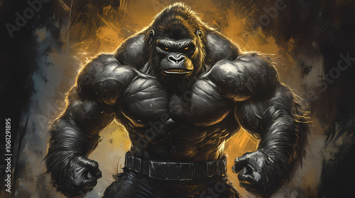 A gorilla in a black leather bodysuit, standing powerfully against a gradient that fades from deep charcoal grey to rich black. Behemoth Beast. Illustration