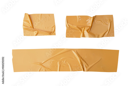 Set of different size yellow adhesive sticky tapes. Torn crumpled sellotape pieces collection isolated on white background photo