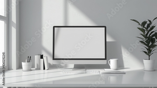 modern workspace featuring sleek computer monitor, keyboard, and minimalistic decor. bright, airy atmosphere is enhanced by natural light and greenery, creating productive environment