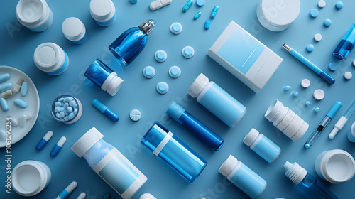 vibrant arrangement of various medical products and supplements in shades of blue, showcasing bottles, pills, and containers on blue background. This visually appealing layout emphasizes health and