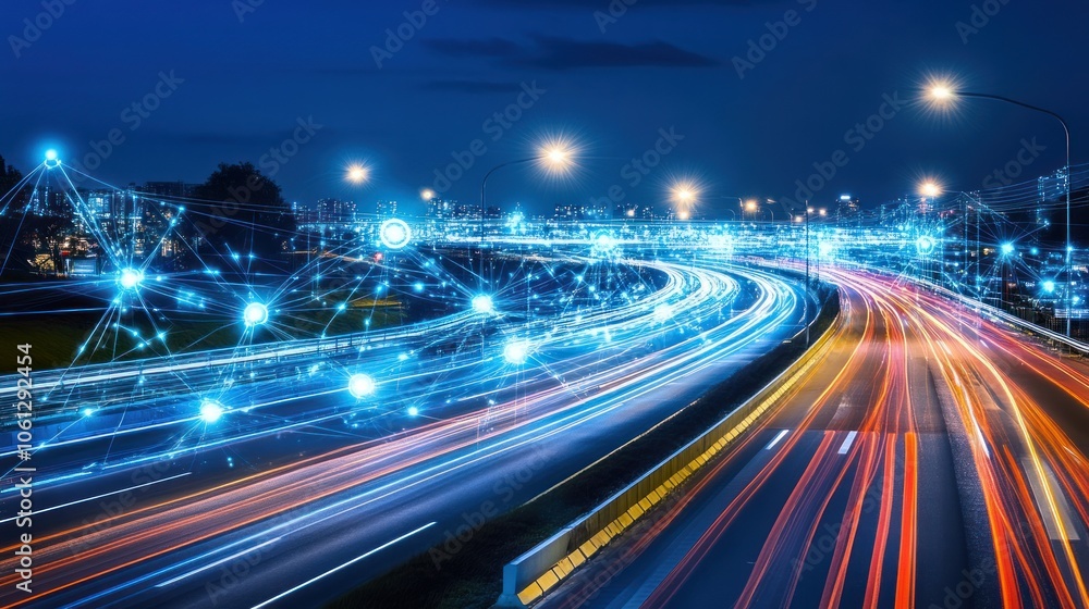 A dynamic nighttime cityscape with light trails and illuminated structures. A dynamic nighttime cityscape with light trails and illuminated structures.